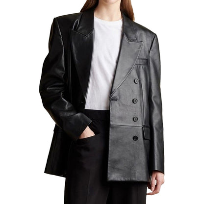 Elegant Women's Double Breasted Black Leather Blazer – Premium Soft Leather Jacket