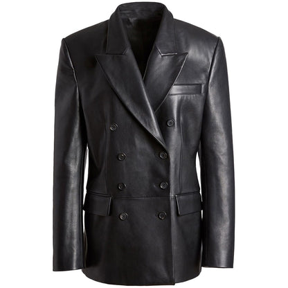 Elegant Women's Double Breasted Black Leather Blazer – Premium Soft Leather Jacket