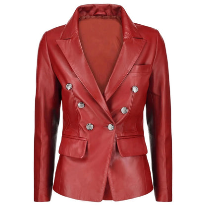 Women's Double Breasted Red Leather Blazer | Bold & Stylish Outerwear