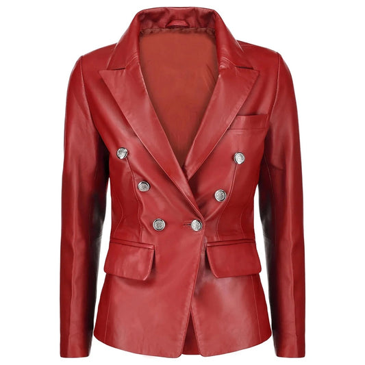 Women's Double Breasted Red Leather Blazer | Bold & Stylish Outerwear