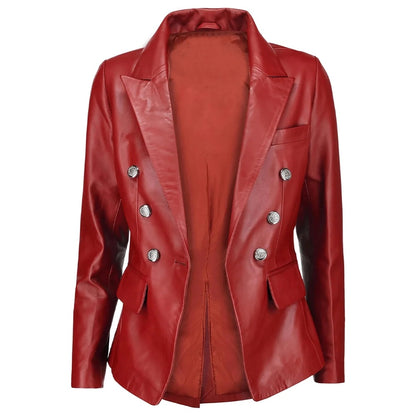 Women's Double Breasted Red Leather Blazer | Bold & Stylish Outerwear