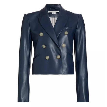 Women’s Double Breasted Dark Blue Leather Blazer Elegant Navy Statement Jacket