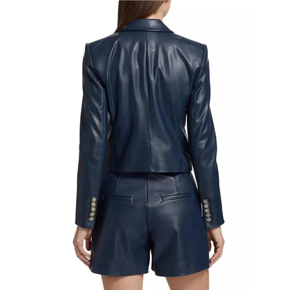 Women’s Double Breasted Dark Blue Leather Blazer Elegant Navy Statement Jacket