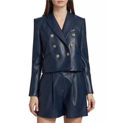 Women’s Double Breasted Dark Blue Leather Blazer Elegant Navy Statement Jacket