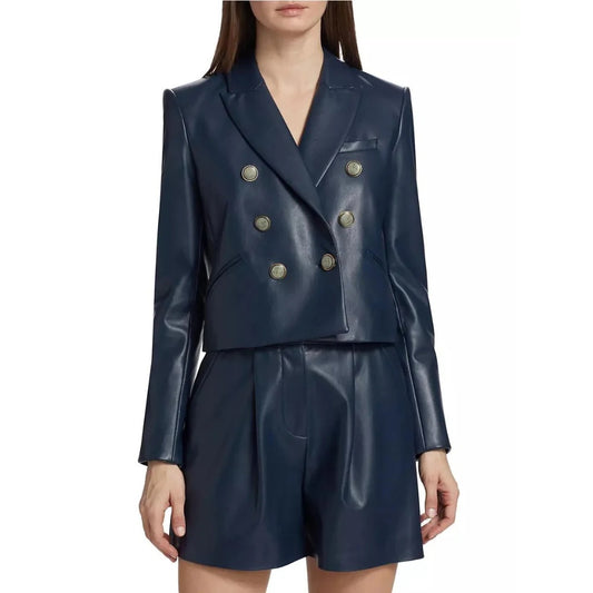 Women’s Double Breasted Dark Blue Leather Blazer Elegant Navy Statement Jacket