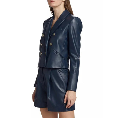 Women’s Double Breasted Dark Blue Leather Blazer Elegant Navy Statement Jacket