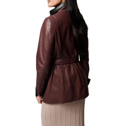 Women’s Wide Collar Brown Leather Blazer Coat – Classic Tailored Outerwear