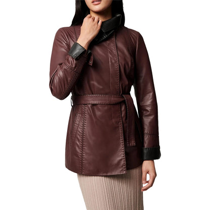 Women’s Wide Collar Brown Leather Blazer Coat – Classic Tailored Outerwear