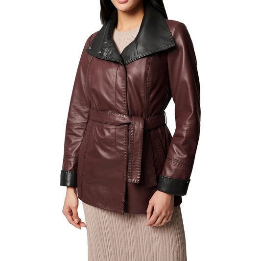 Women’s Wide Collar Brown Leather Blazer Coat – Classic Tailored Outerwear