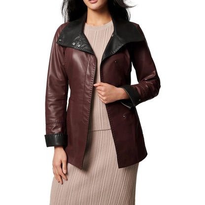 Women’s Wide Collar Brown Leather Blazer Coat – Classic Tailored Outerwear