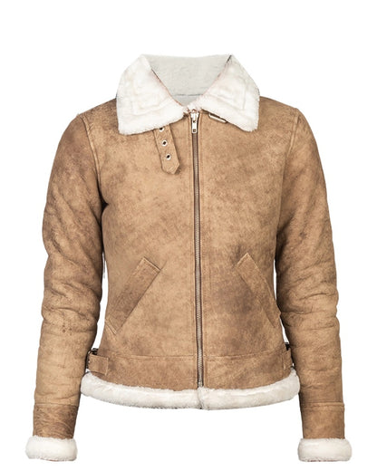 Women’s Distressed Beige B-3 Shearling Leather Bomber Jacket