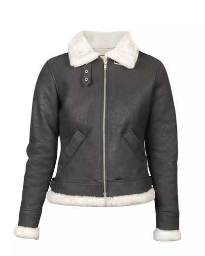 Women’s White Shearling B-3 Leather Bomber Jacket – Grey Lined Aviator Style