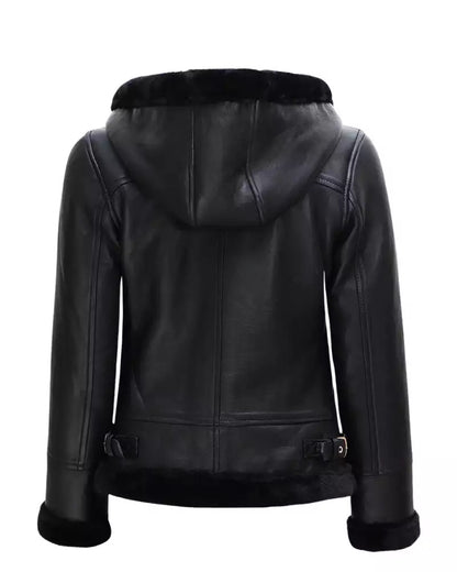 Women’s Black Shearling Leather Jacket With Hood