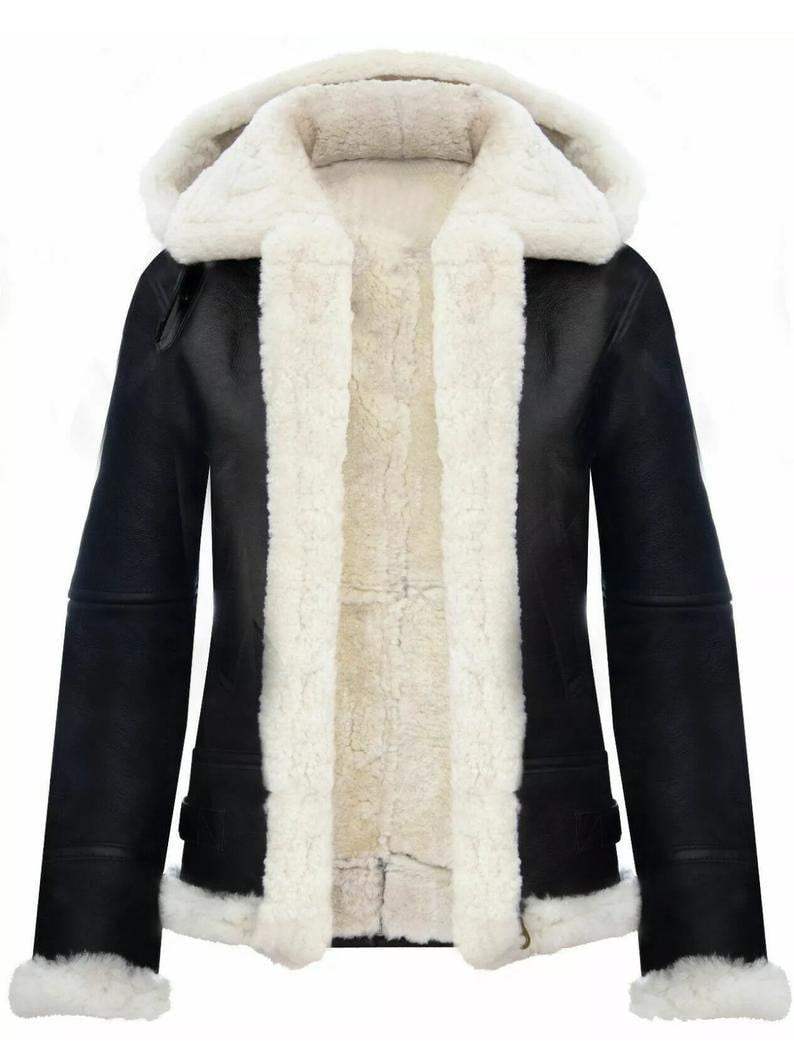 Women’s Black Hooded Shearling Leather Jacket – Cozy & Stylish Winter Outerwear