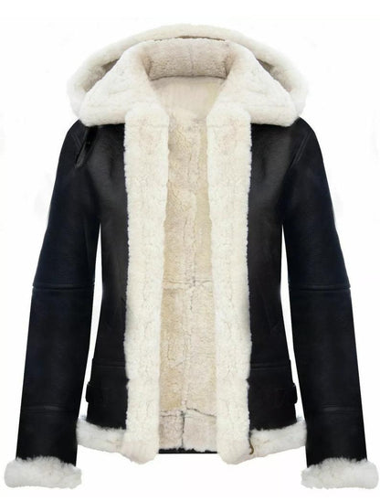 Women’s Black Hooded Shearling Leather Jacket – Cozy & Stylish Winter Outerwear