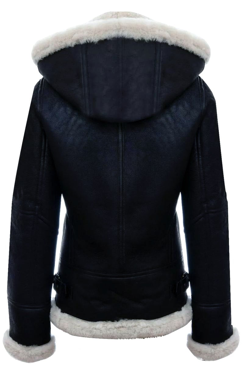 Women’s Black Hooded Shearling Leather Jacket – Cozy & Stylish Winter Outerwear