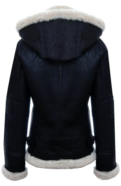 Women’s Black Hooded Shearling Leather Jacket – Cozy & Stylish Winter Outerwear