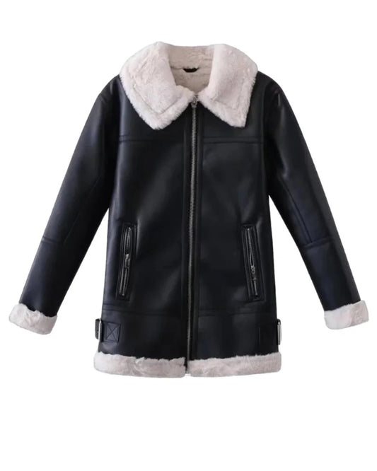 Women’s Black B-3 Shearling Leather Jacket  Aviator Winter Coat