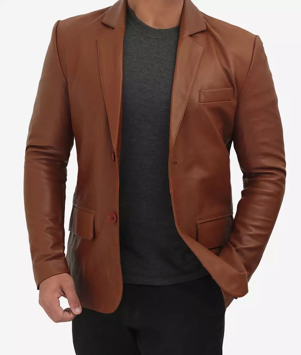 Men's Premium Two Button Cognac Leather Blazer - Refined Elegance