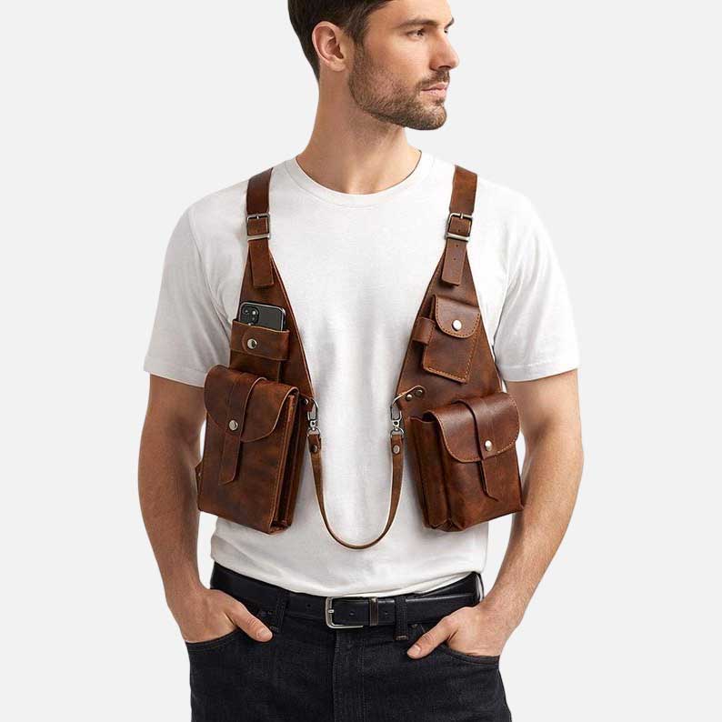 New leather chest harness bag handmade from genuine crazy leather for travel and everyday carry