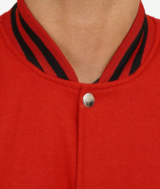 Men's Red Wool Varsity Jacket with Black Leather Sleeves - Baseball Style