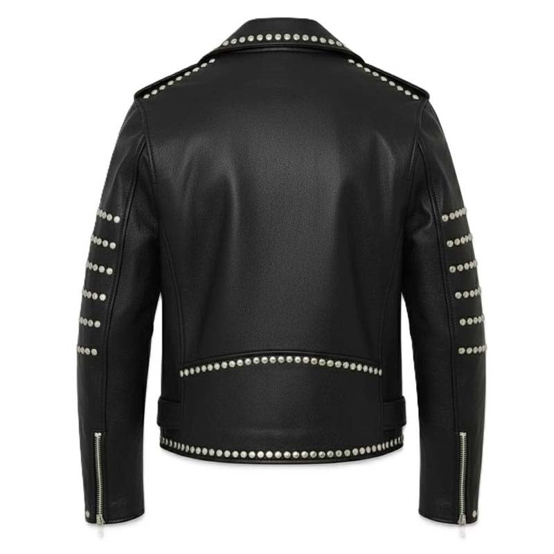 Men Black Genuine Leather Brando Jacket With Studded Gothic Biker Style