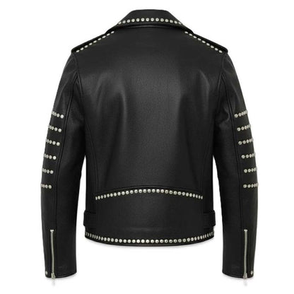 Men Black Genuine Leather Brando Jacket With Studded Gothic Biker Style