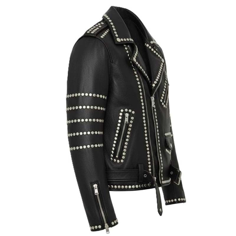 Men Black Genuine Leather Brando Jacket With Studded Gothic Biker Style