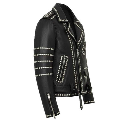 Men Black Genuine Leather Brando Jacket With Studded Gothic Biker Style