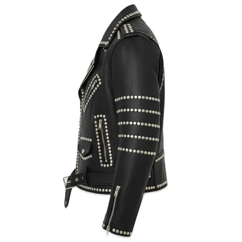 Men Black Genuine Leather Brando Jacket With Studded Gothic Biker Style