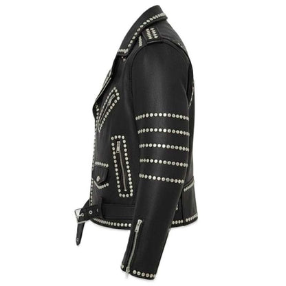 Men Black Genuine Leather Brando Jacket With Studded Gothic Biker Style