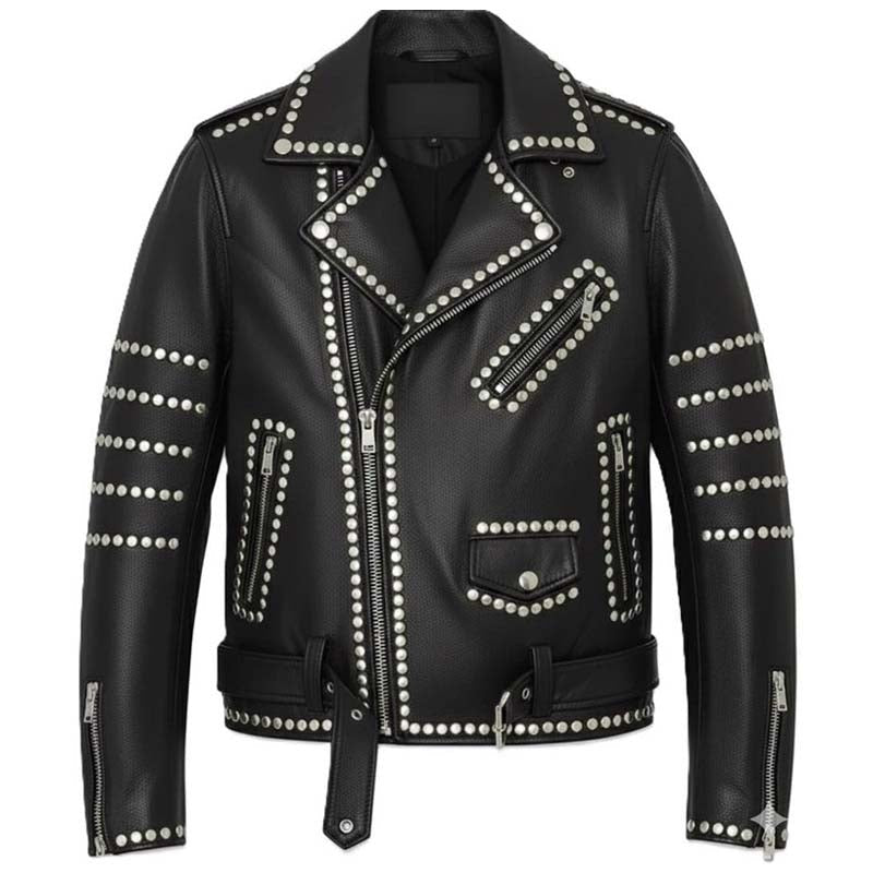 Men Black Genuine Leather Brando Jacket With Studded Gothic Biker Style