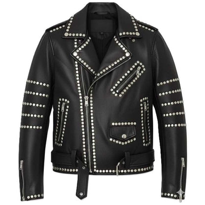 Men Black Genuine Leather Brando Jacket With Studded Gothic Biker Style