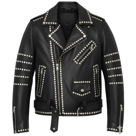 Men Black Genuine Leather Brando Jacket With Studded Gothic Biker Style