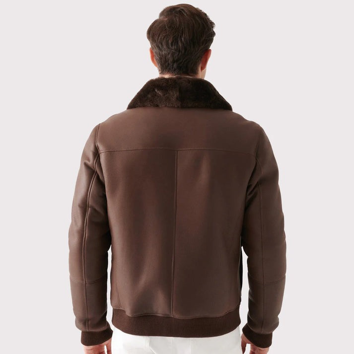 Men Brown Sheepskin Leather Bomber Jacket With Faux Shearling Lining