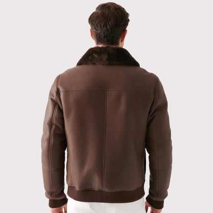Men Brown Sheepskin Leather Bomber Jacket With Faux Shearling Lining