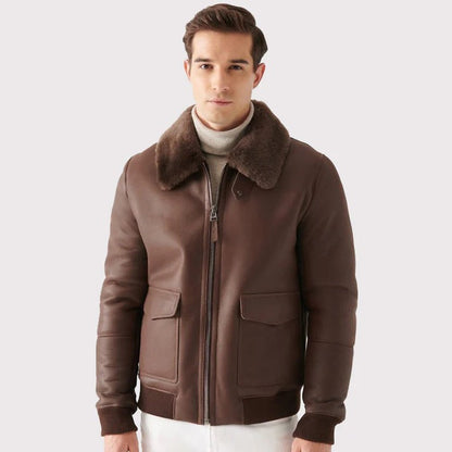 Men Brown Sheepskin Leather Bomber Jacket With Faux Shearling Lining
