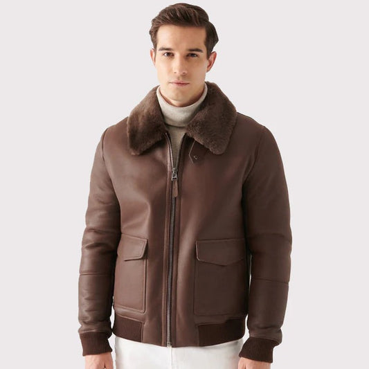 Men Brown Sheepskin Leather Bomber Jacket With Faux Shearling Lining