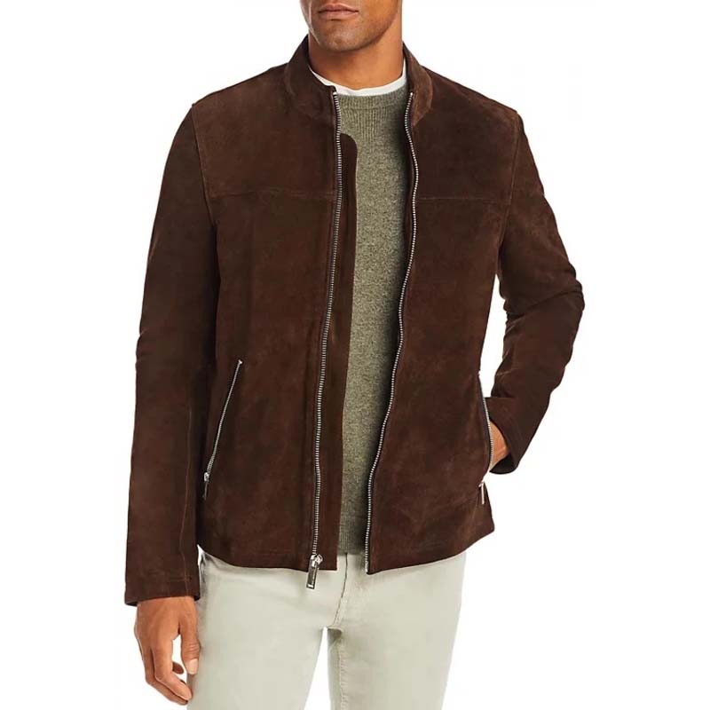 Men Brown Real Sheepskin Suede Leather Jacket With Stand Collar Classic Style