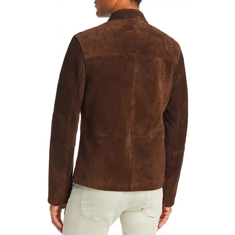 Men Brown Real Sheepskin Suede Leather Jacket With Stand Collar Classic Style