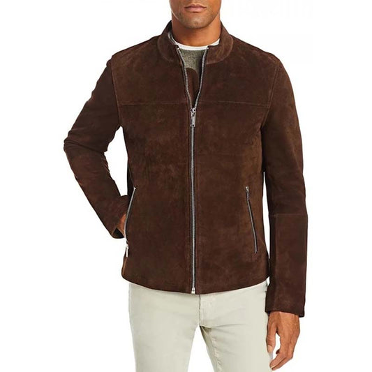 Men Brown Real Sheepskin Suede Leather Jacket With Stand Collar Classic Style
