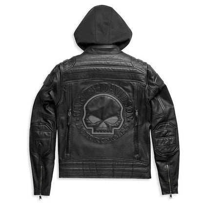 Men Black Cowhide Leather Motorcycle Jacket With Removable Fleece Hoodie