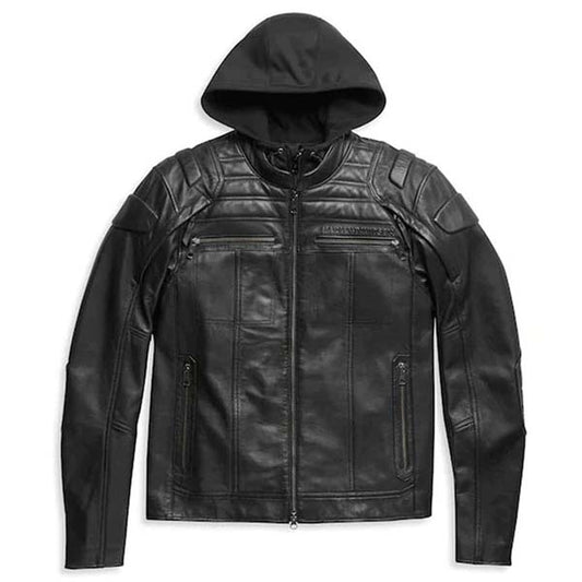 Men Black Cowhide Leather Motorcycle Jacket With Removable Fleece Hoodie
