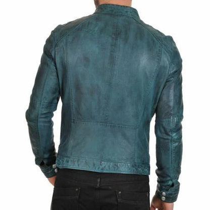 Men Distressed Blue Genuine Leather Jacket With Cafe Racer Biker Style