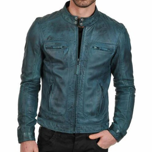 Men Distressed Blue Genuine Leather Jacket With Cafe Racer Biker Style
