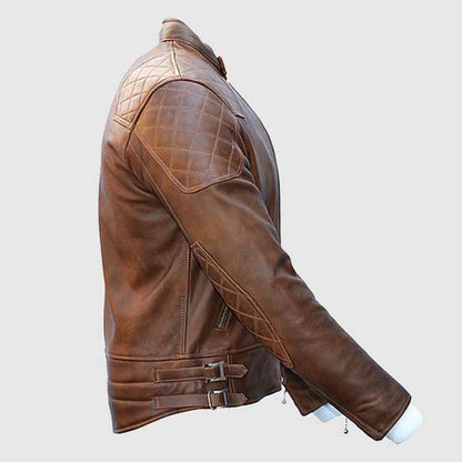 Men Brown Distressed Aniline Cowhide Leather Jacket With Cafe Racer Style