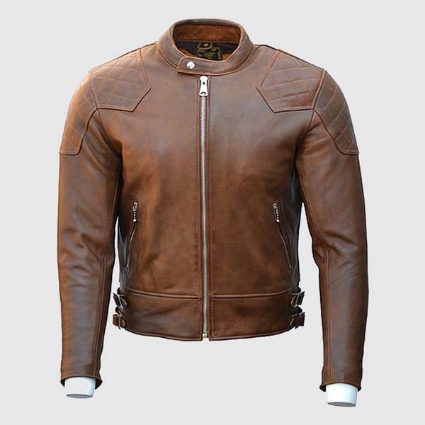Men Brown Distressed Aniline Cowhide Leather Jacket With Cafe Racer Style