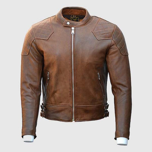 Men Brown Distressed Aniline Cowhide Leather Jacket With Cafe Racer Style