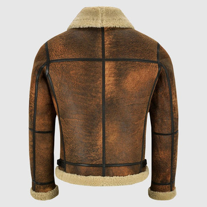 Men Distressed Brown Shearling Leather Jacket With Vintage Aviator Style
