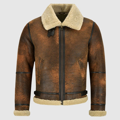Men Distressed Brown Shearling Leather Jacket With Vintage Aviator Style